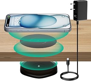 KPON 30mm Invisible Wireless Charger, Hidden Under Desk Wireless Phone Charger, Furniture Table Nightstand Desktop Charging Station for iPhone16/15/14/13/12/11/Other Wireless Phones(with QC Adapter)