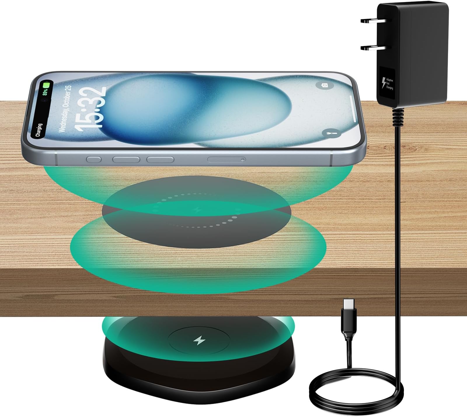 Invisible Wireless Charger,30mm Under Desk Charger Mat, Furniture Table Nightstand Desktop Charging Station for iPhone17/16/15/14/13/12/Samsung/LG/Google Pixel Desk Essentials(with QC Adapter)