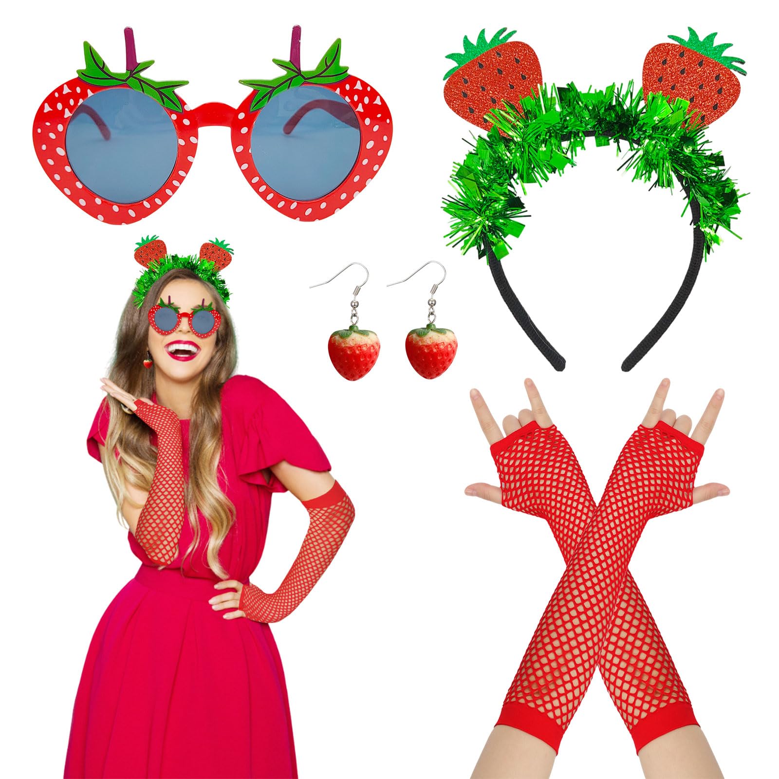 UILYNIU 4 Pcs Strawberry Costume Set, Strawberry Headband, Strawberry Sunglasses, Red Gloves, Strawberry Earrings