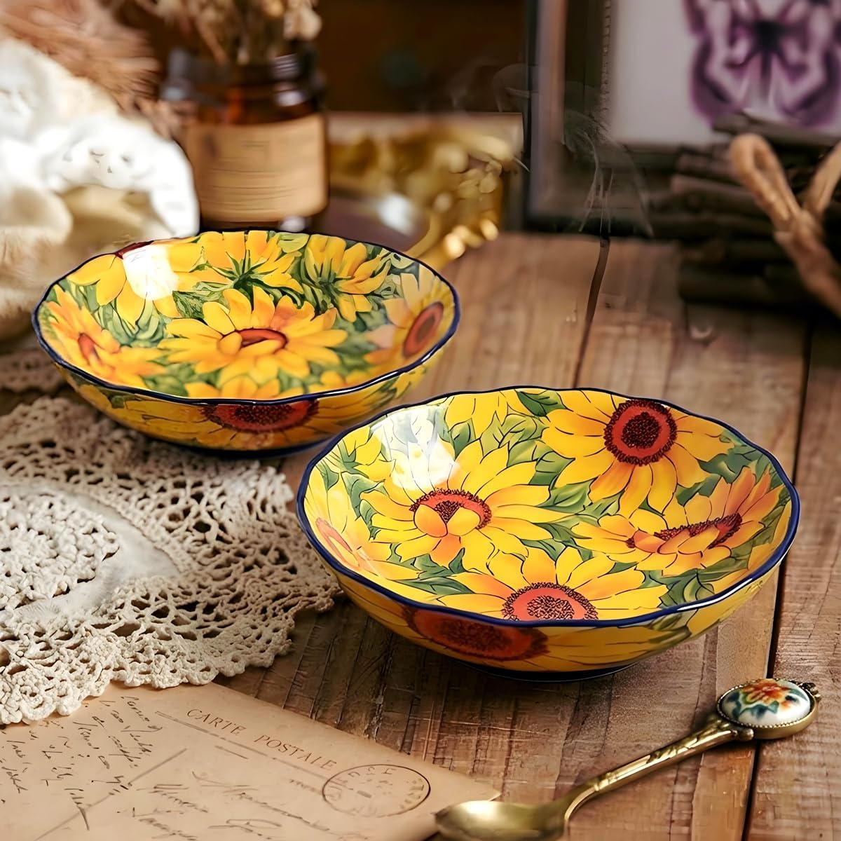 Hand-Painted Ceramic Dinner Plates with Lifelike Sunflower Pattern, 8.66 Inch Ceramic Kitchen Plates, Microwave & Dishwasher Safe, for Salad, Dessert, Fruits, Snacks & Appetizers. 1 Pack