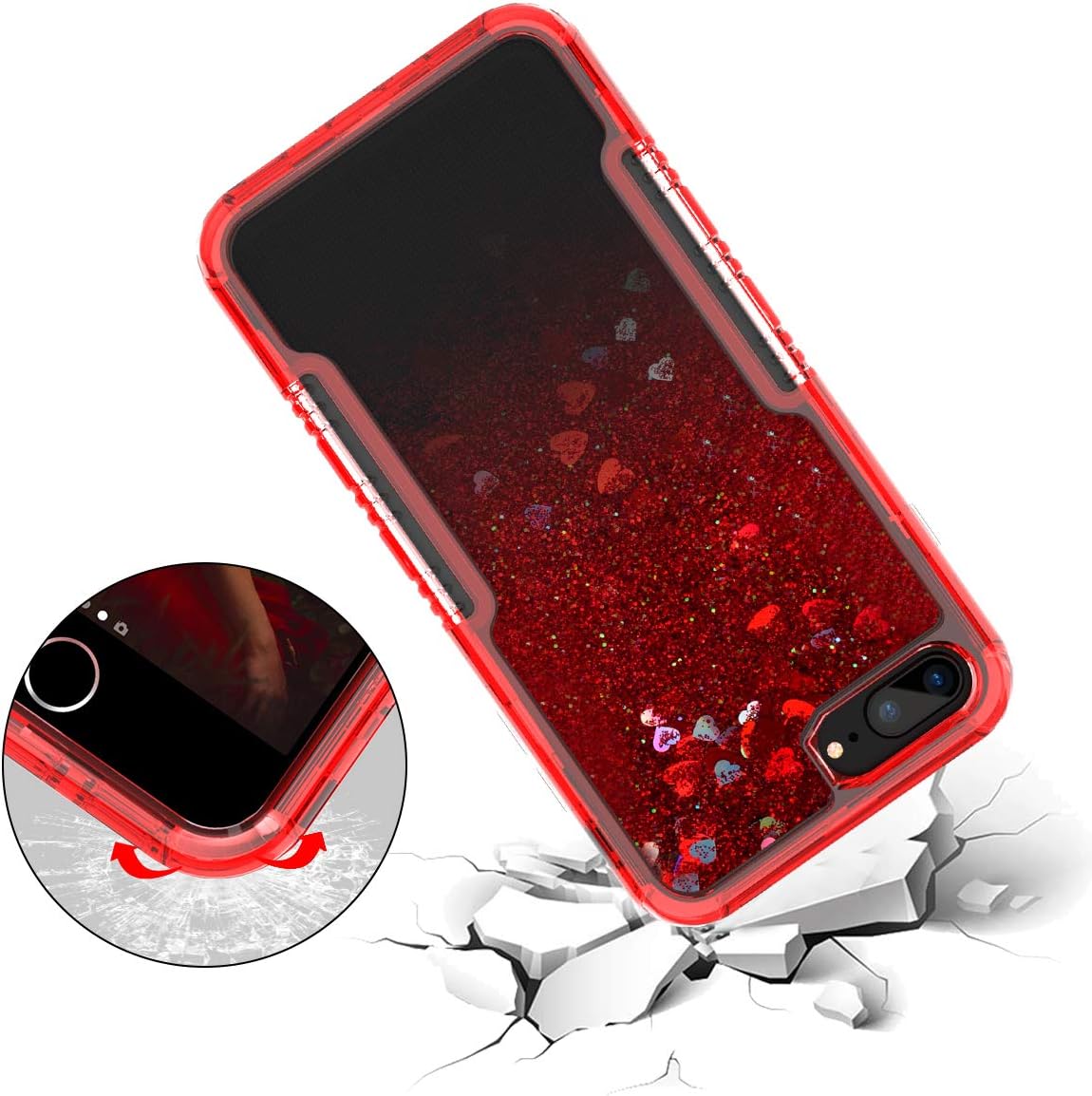 Dexnor Compatible with iPhone 6 Plus/ 6S Plus/ 7 Plus/ 8 Plus Case Floating Glitter Bling Moving Liquid Quicksand Hard Cover Clear Thickened Dual Layer Full Protection Bumper for Girls/ Women - Red