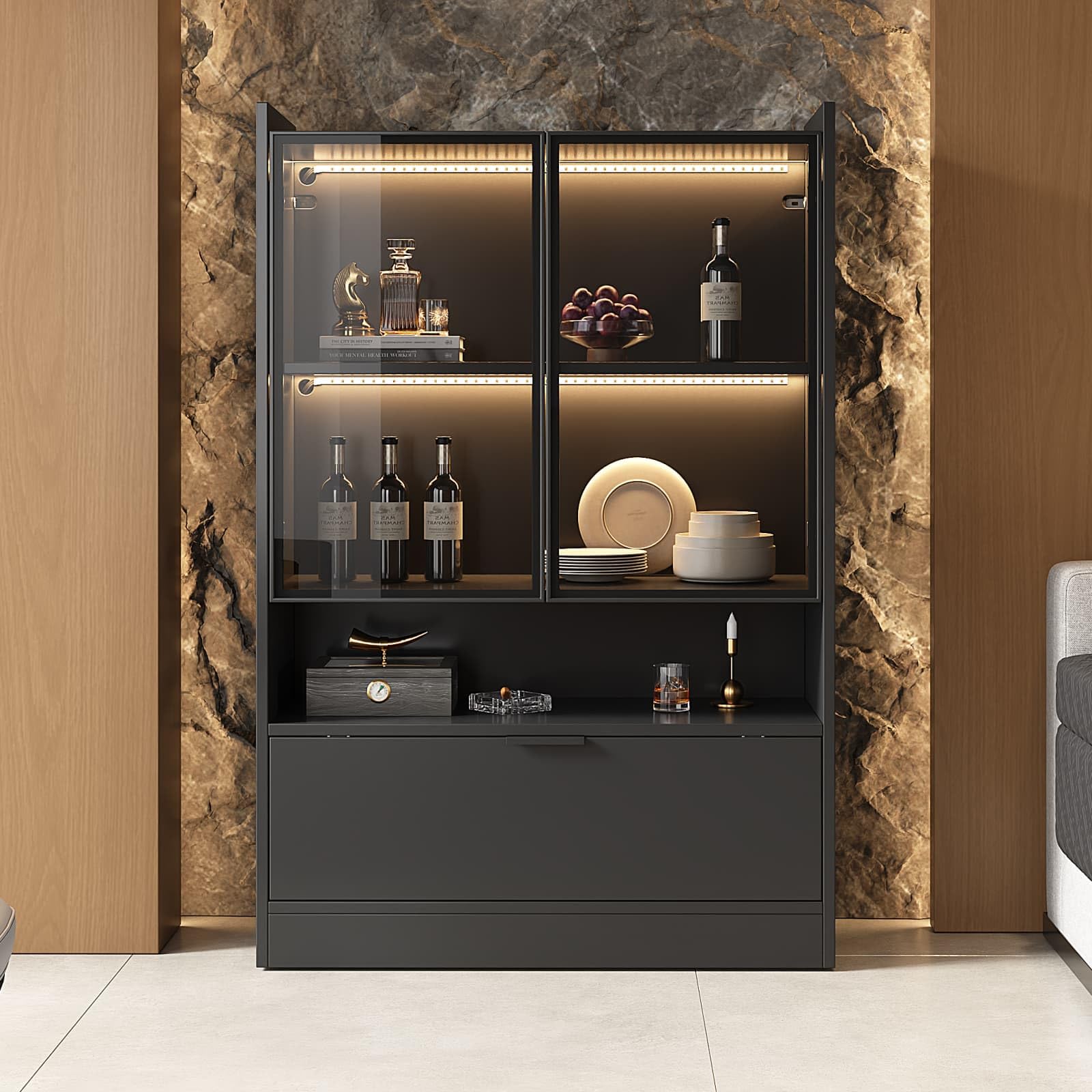 KOMHTOM Vitrine Moderne avec Lumière LED et Dispositif Anti-Bascule, Vitrine Salon avec Portes Vitrées et Porte Abattante, Meuble de Rangement Salon (C)