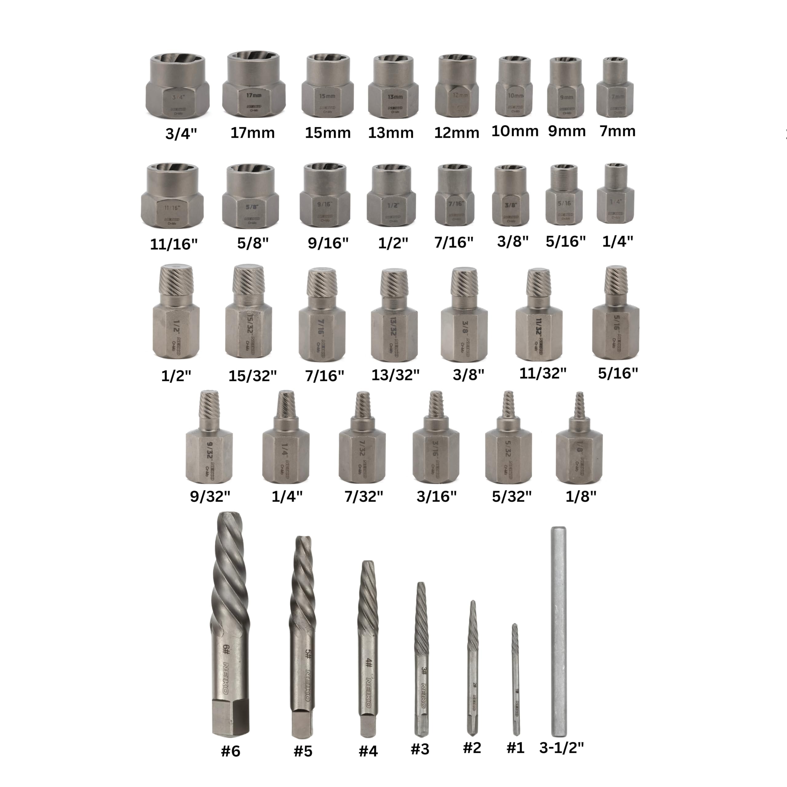 NEIKO 04208A Estrattore per viti, dadi e bulloni, 36 pezzi strumento di rimozione dado capocorda, 3/8 Dr., Set di prese estrattori per bulloni spogliati profondi e poco profondi, strumento di