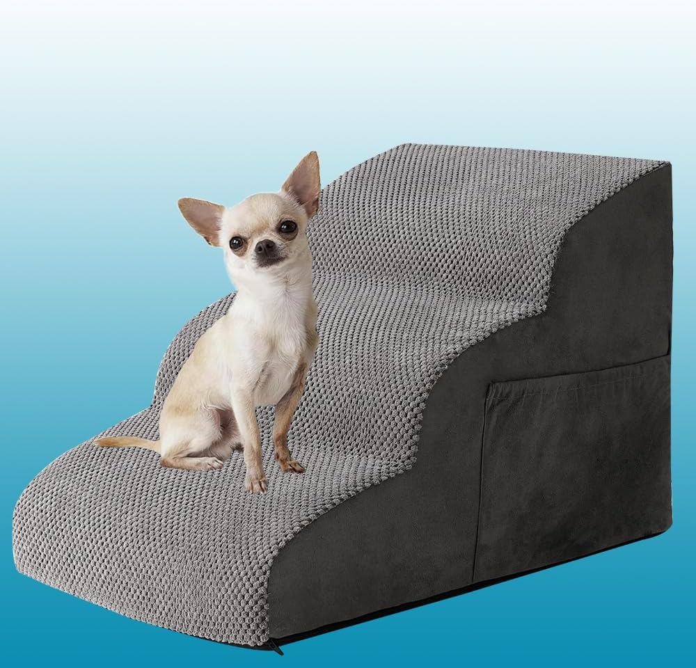Furnishh 3-Tier Pet Steps for Small Elderly Dogs & Cats - High-Density Foam Dog Stair Ramp with Non-Slip Washable Cover, for Beds, Couches & Sofas