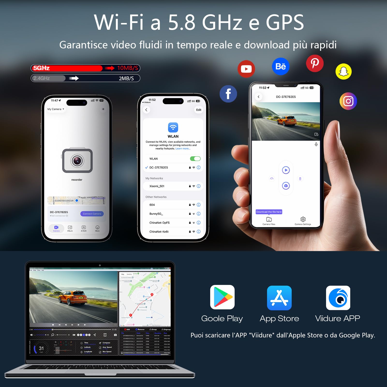 4K+2.5K Dash Cam Anteriore/Posteriore Doppio Canale – GPS+WiFi 5.8GHz, Schermo IPS 3.16", Sensore G, Visione Notturna, Controllo APP, Carta 64GB Inclusa