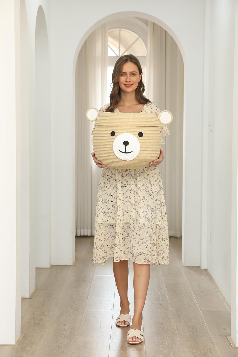 Cottonphant Handcrafted Animal Inspired Basket with Lid | Cotton Storage Solution for Organization in Bedroom | Perfect Organizer for a Shower or Retreat, Beige Bear, 15"x12"