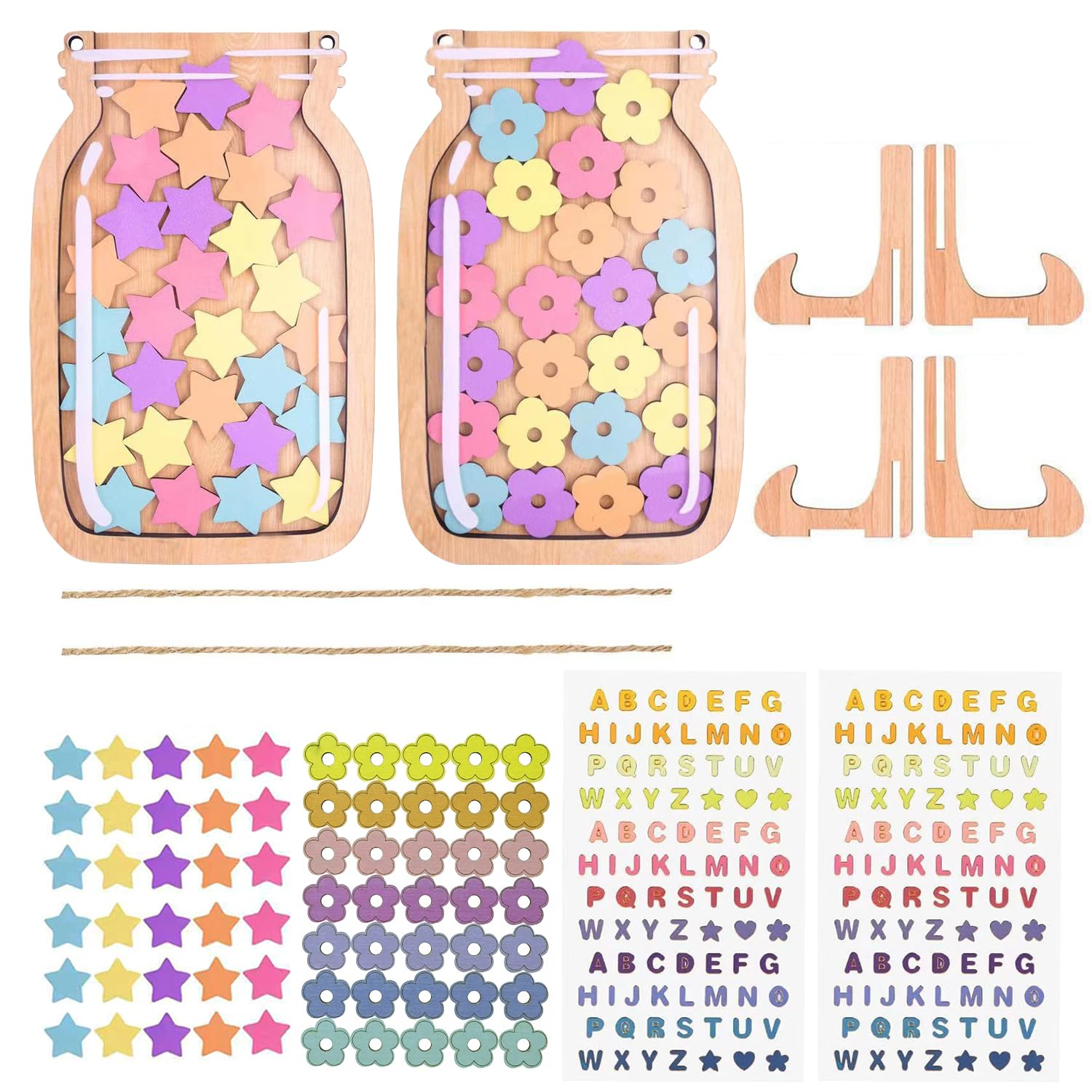 htdayang Reward Jar, 2 Pcs Star Reward Jar with 30 Stars and 30 Flowers for Home School Classroom Teacher Parent Student, Rewards for Good Behavior with Alphabet Stickers