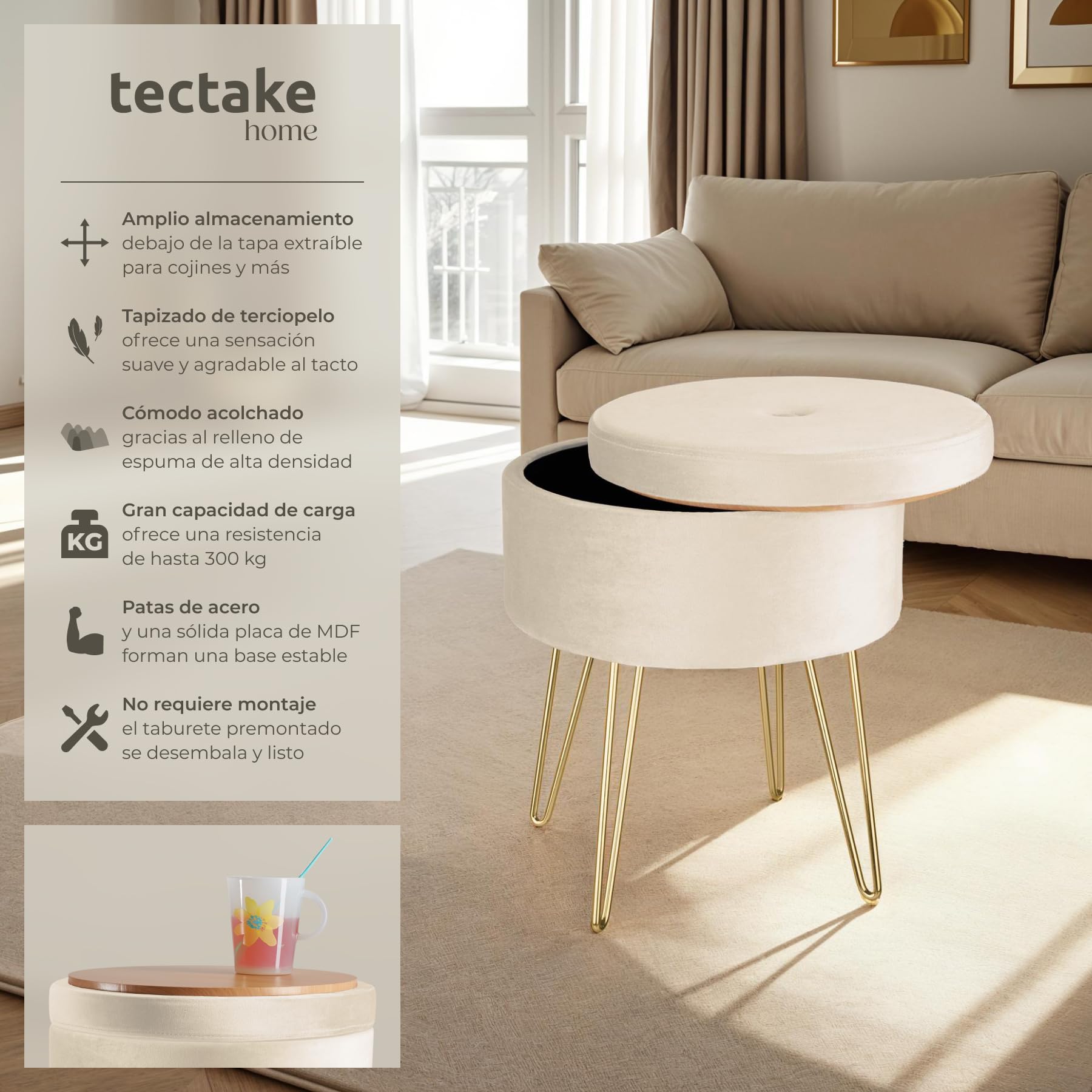 tectake® Elegante Taburete Redondo Aterciopelado con Espacio de Almacenamiento, Capacidad de Carga 300 kg, Mueble Auxiliar Dormitorio, Puff Salon, Taburete Dormitorio, Puff almacenaje - Crema