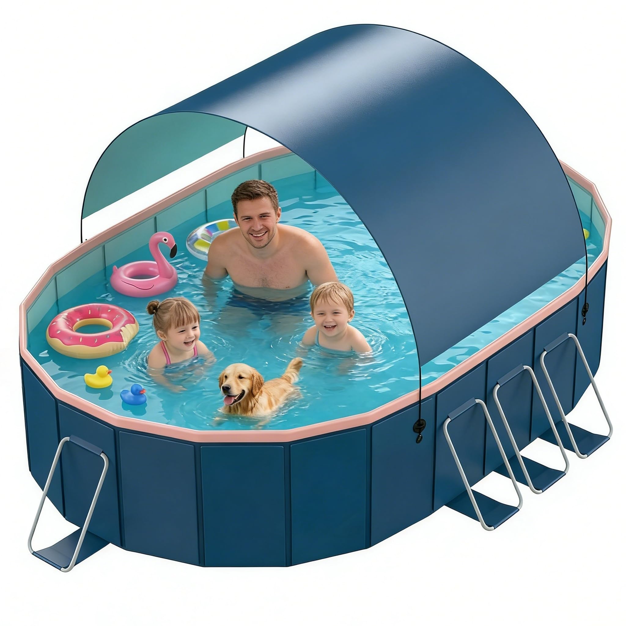 Foldable pool with awning, outdoor pools not inflatable, hard plastic shell, large pools with alloy support, garden, backyard water party (blue, XL)