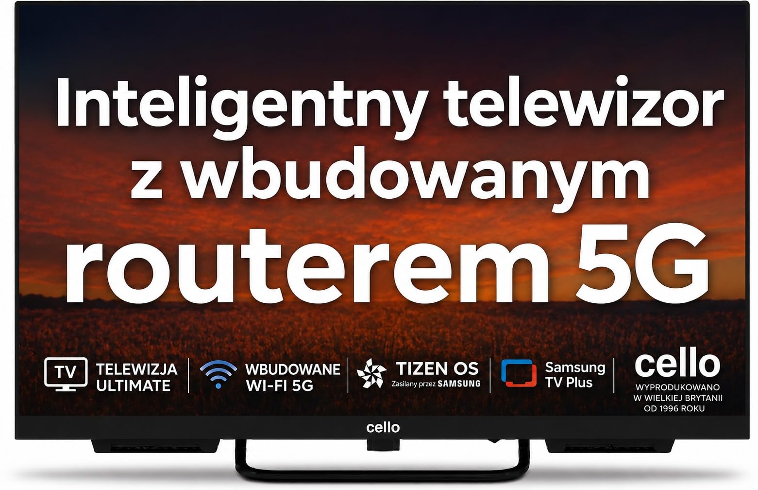 Cello Voyager 24” Smart TV 12V z routerem 5G WiFi – tworzy Internet wszędzie, idealny do kampera i przyczepy, Tizen OS