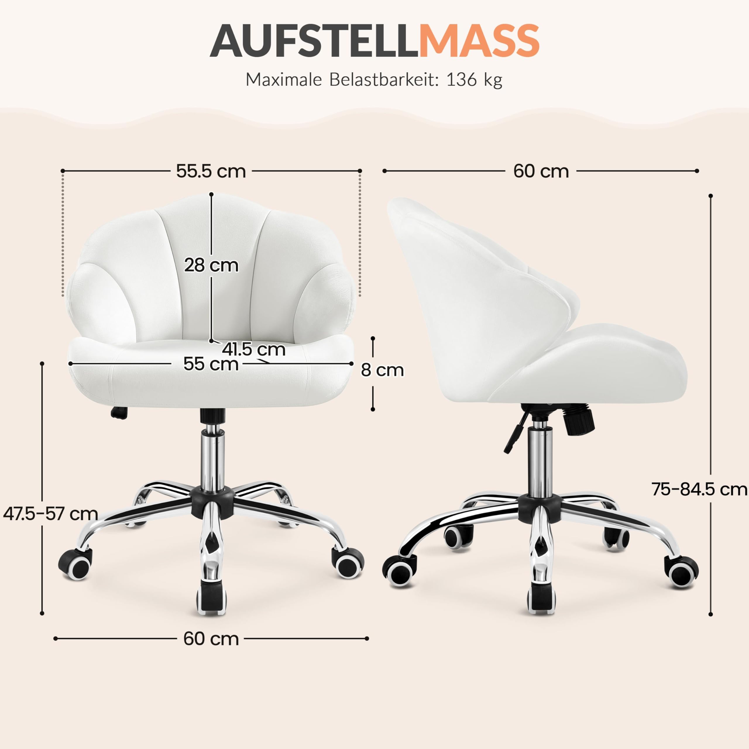 Yaheetech Homeoffice Stuhl Muschelform Schminkstuhl, höhenverstellbar Drehstuhl, Bürostuhl mit Wippfunktion, bis 136 kg belastbar, für Arbeitszimmer Schlafzimmer, Weiß | Schreibtischstuhl mit Wippfunktion, Drehstuhl bis 136 kg belastbar, atmungsaktiver St