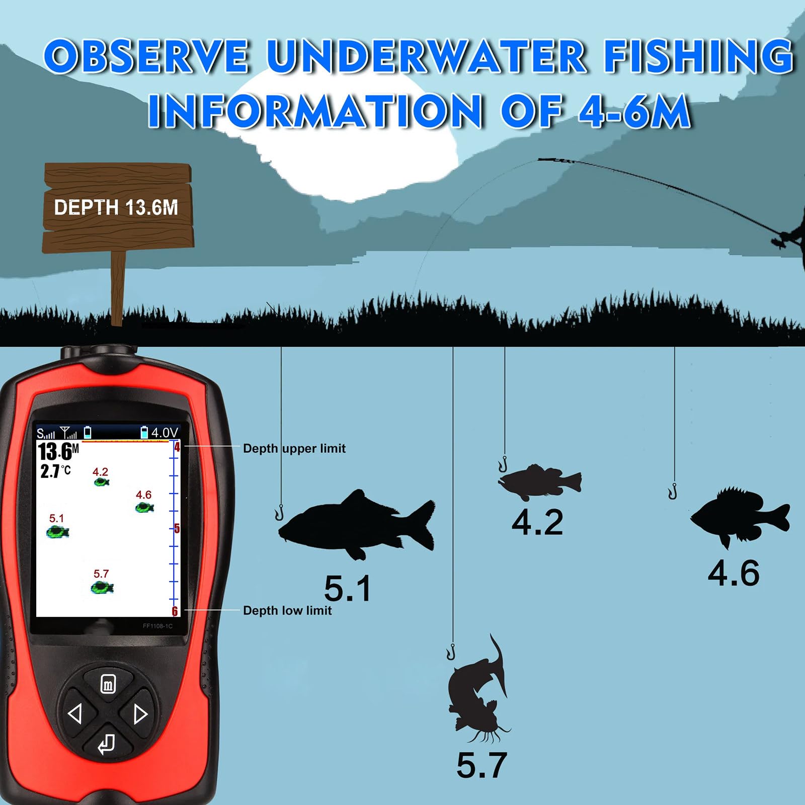 Ecoscandaglio wireless ricaricabile per pesca Ecoscandaglio portatile per pesca con profondità dell'acqua 45M