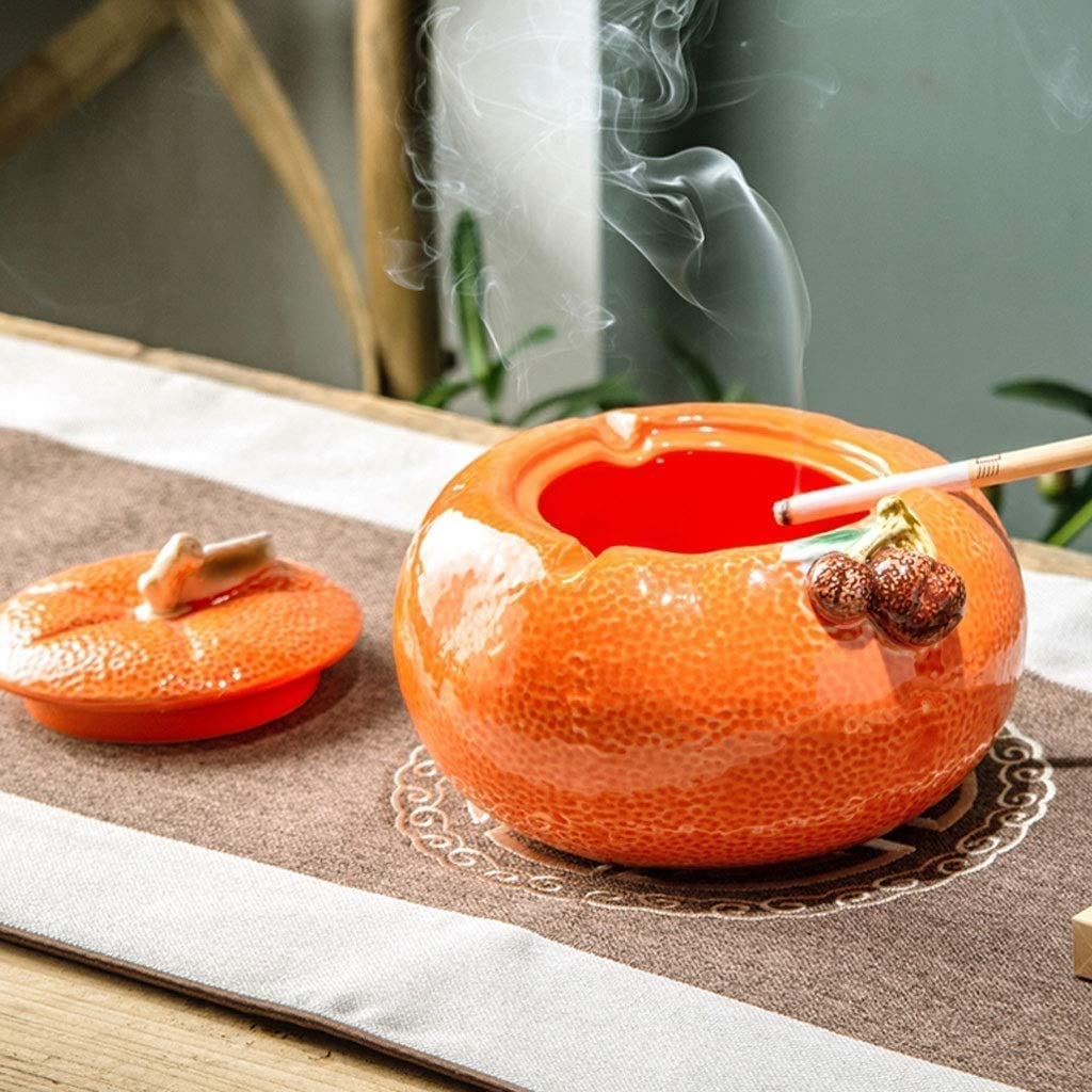 KUDLI Elegante Posacenere con Coperchio posacenere per Sigarette a Forma di Arancione in Ceramica posacenere da Tavolo per Fumatori frangivento per Interni Ornamento per Ufficio Facile da Usare