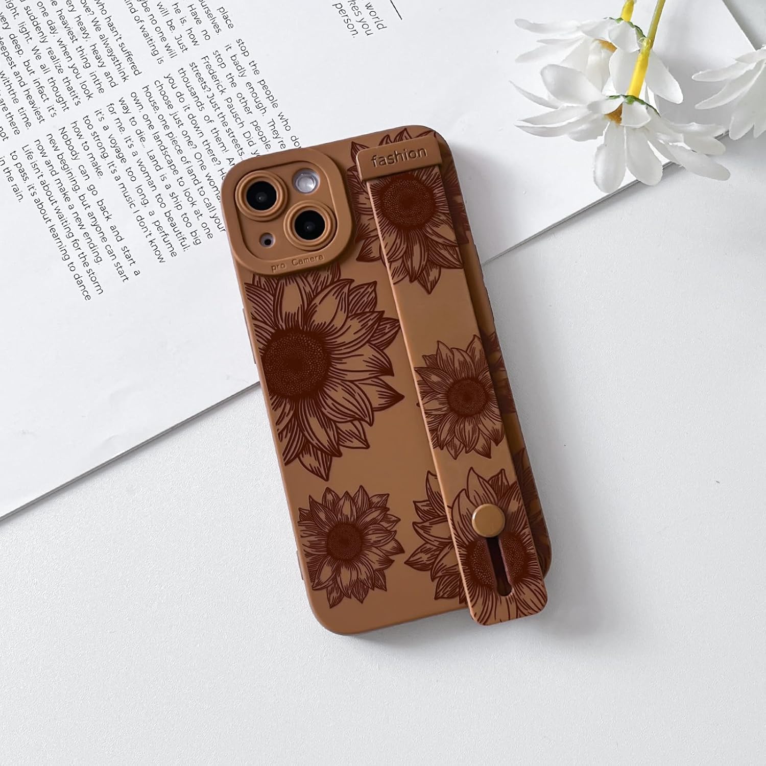 NITITOP Compatible with iPhone 14 Plus Case Cute Floral Sunflower for Women Girls with Wrist Adjustable Hand Strap Kickstand Grip Holder Soft TPU Slim Protection Phone Cover - Brown - Image 2