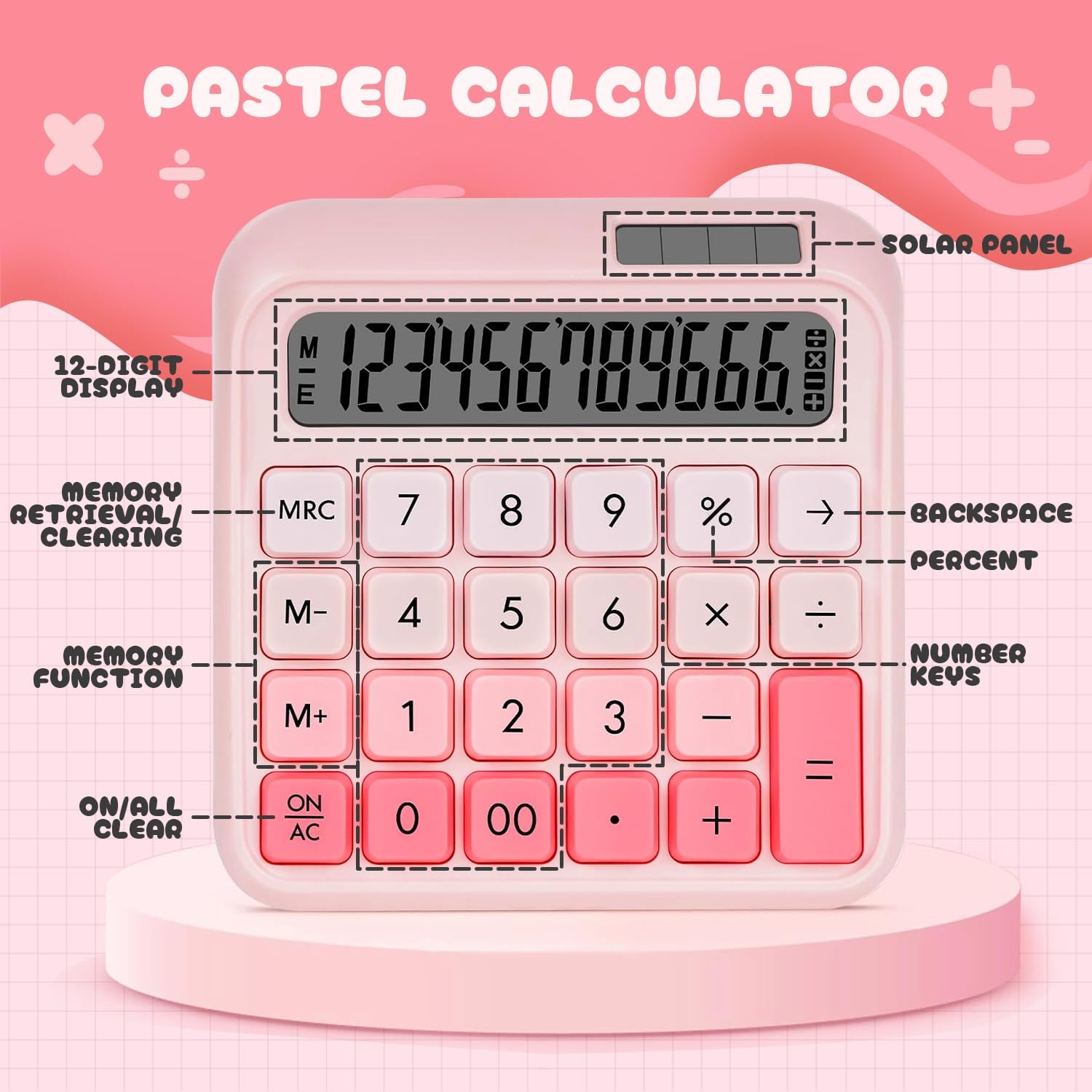 Mechanical Switch Basic Calculator 12 Digits, Solar/Battery Dual Power, Tactile Keys & Large LCD Display, Cute Aesthetic Desktop Calculators for Office School Business Home (Pink)