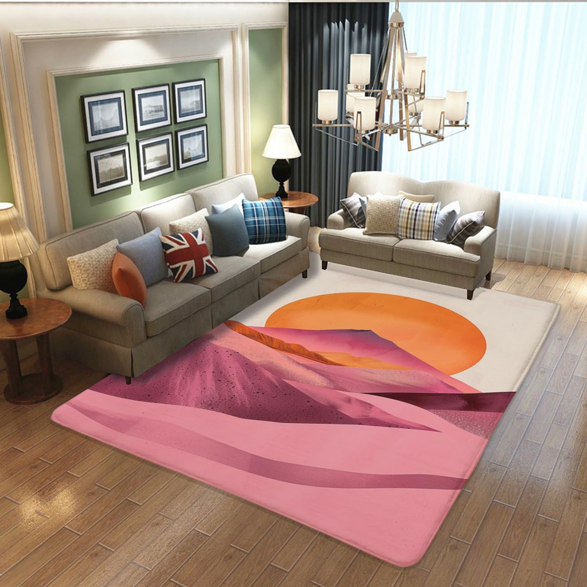 Area Washable Rugs Modern Abstract Bohemian Orange Sunset Pink Desert Dunes and Mountains Minimalist Vintage Rugs for Entry Bathroom Bedroom Kitchen Door mat Soft Rugs Non Slip Indoor 24x36inch