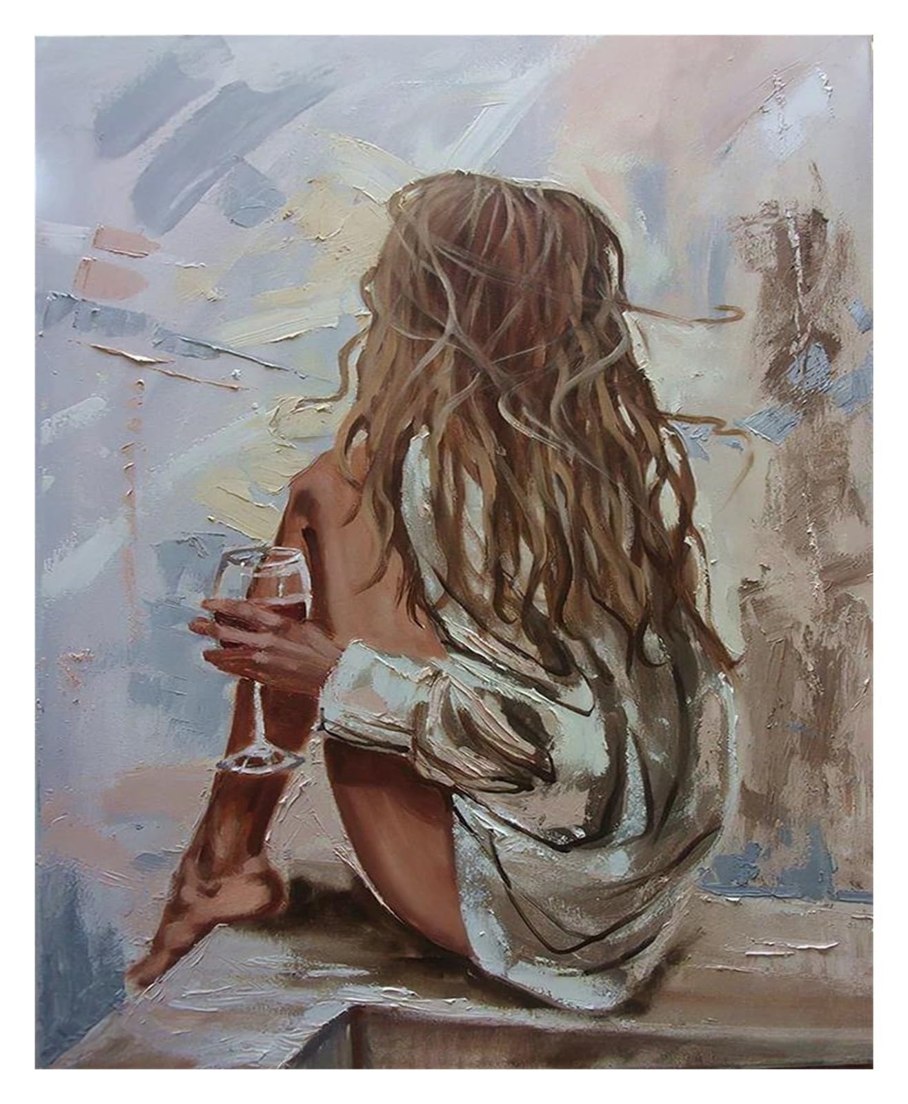 Tableau déco nature peinture à l'huile femme sur la plage style bohème 50x70cm