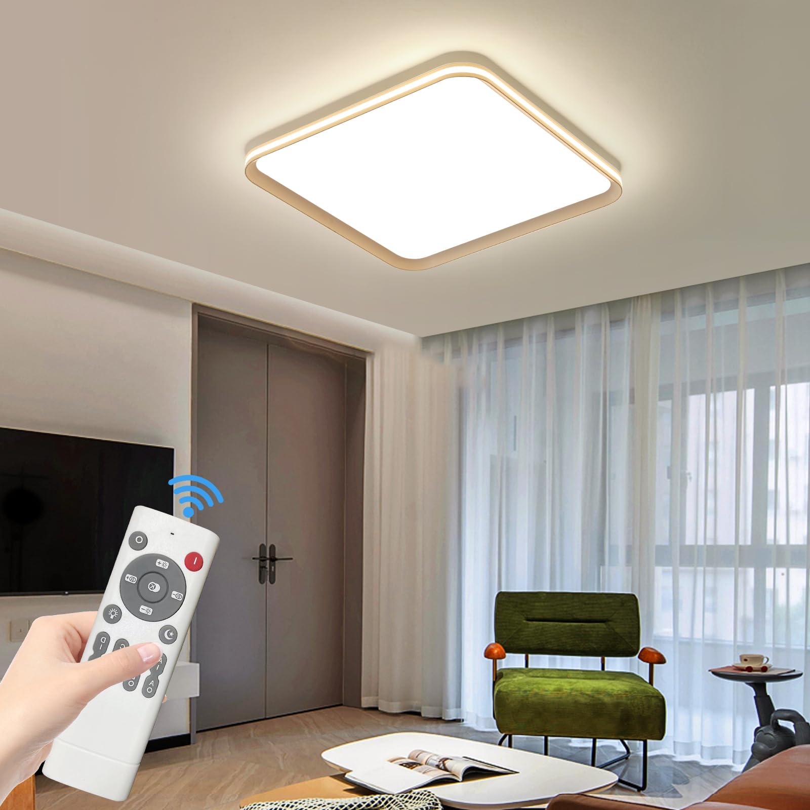 Mikeru Square Bathroom LED Lights Ceiling, 40cm Living Room Lights Dimmable with Remote 10% to 100% Slim Flush Full Spectrum Ceiling Light 3000K/4500K/6500K for Office, Kitchen — image 1
