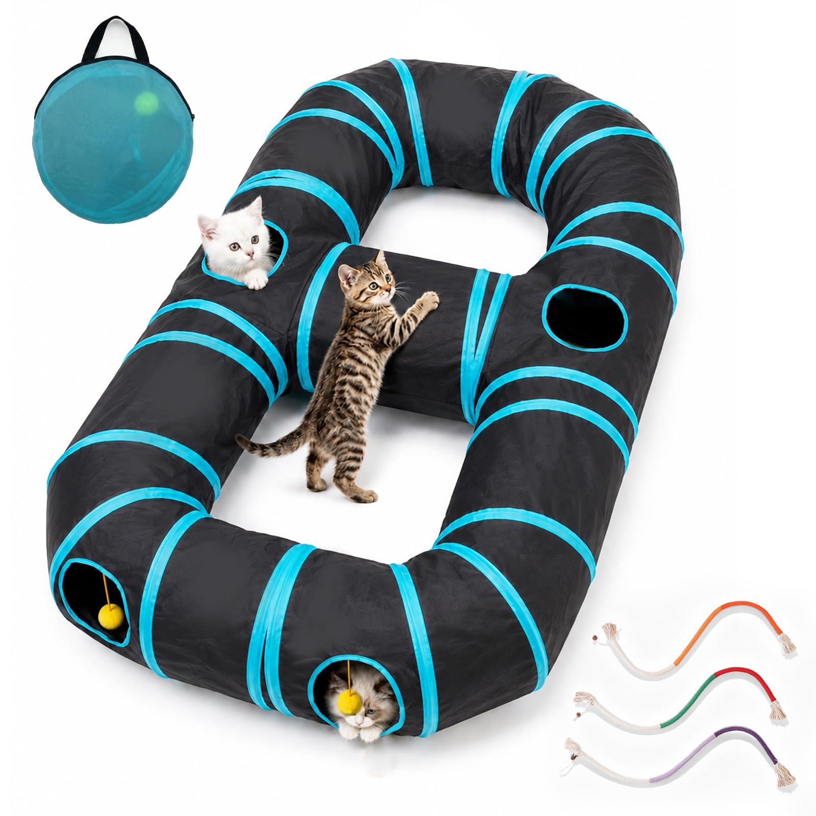 Katzentunnel 8-förmiger, Katzenspielzeug mit Hängepompons & Löchern, Pop-Up faltbar, Plus 3 Kauseile mit Katzenminze zur Zahnpflege – für Kitten, Katzen, Kaninchen, Welpen