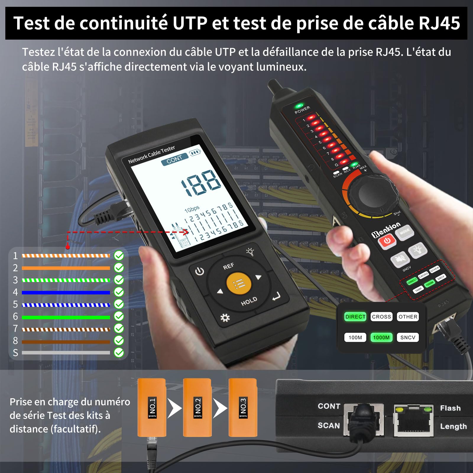 Henkion Testeur RJ45 Professionnel Traceur de Câbles Réseau Multifonction, test de continuité UTP et défaut connecteur, longueur, OPM, POE 802.3af/at/bt etPOE non standard, clignotement port, NCV
