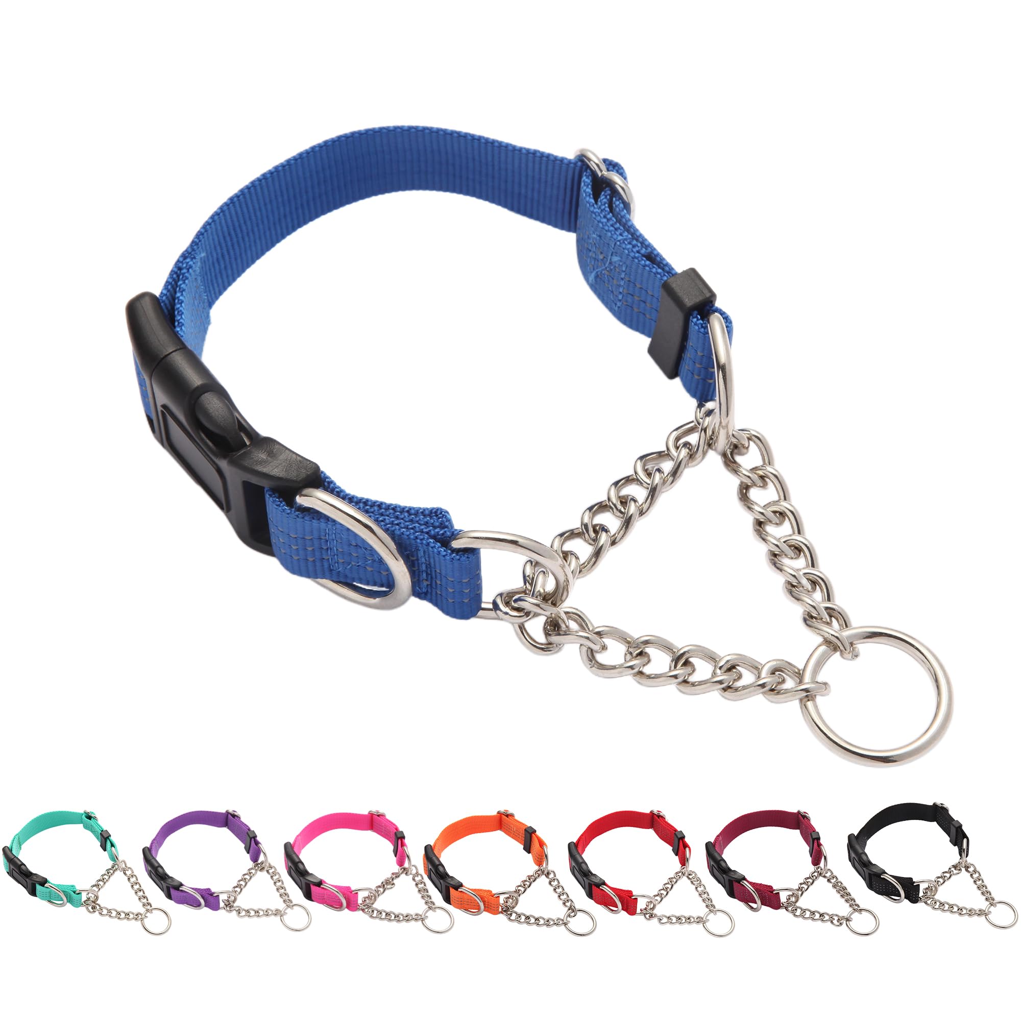 Yunleparks Martingale Dog Collar with Quick Release Buckle Steel Chain No Pull Training Reflective Collar for Medium Large Dogs(Blue, Medium)