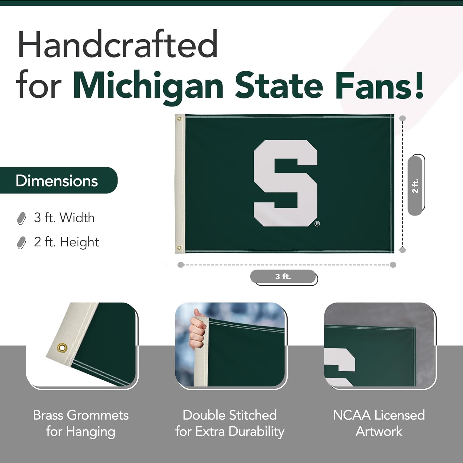 Michigan State Spartans College Sports Printed Flag - NCAA Licensed - Nylon - School Banner (Green, White) (2' x 3')