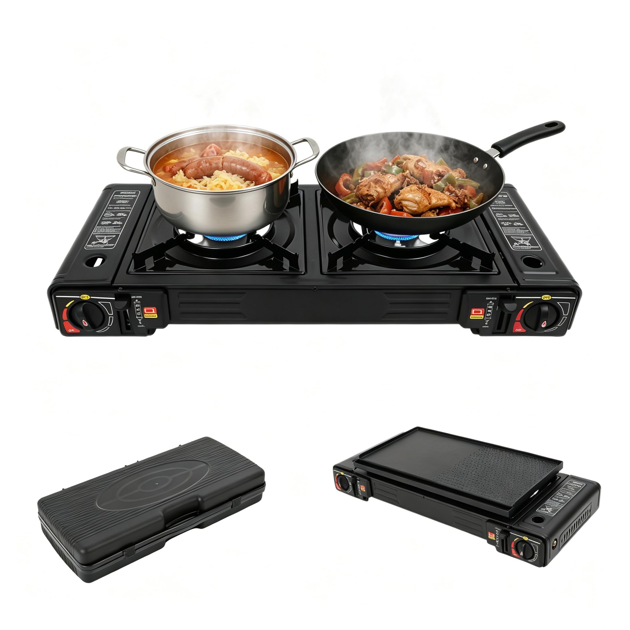 Fornello da campeggio a 2 fuochi, 166 g/h, butano, fornello a gas portatile con custodia, piastra grill e accensione piezoelettrica, serratura di sicurezza per barbecue all'aperto (nero)