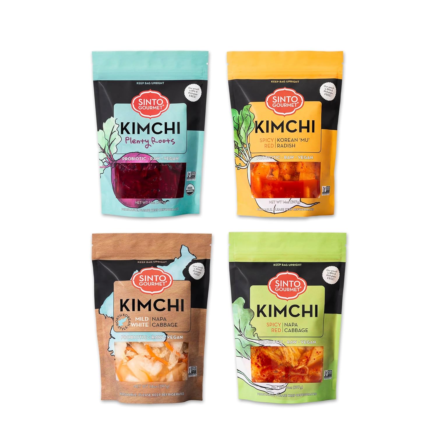 Sinto Gourmet Authentic Vegan Kimchi Variety 4 Pack | Spicy Napa, Mild Napa, Spicy Radish & Plenty Roots |Vegan Gluten Free, non-GMO, Probiotic, Naturally Fermented