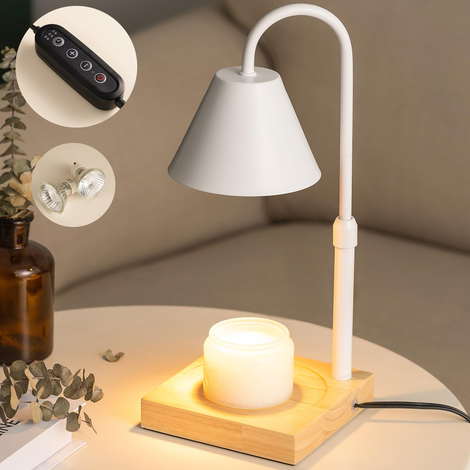 Candle Warmer Lamp, Dimmable Candle Lamp Warmer, Adjustable Height, Timer, Bedroom Living Room Home Decor Wax Melt Warmer for Scented Wax with 2 Bulbs, Blue