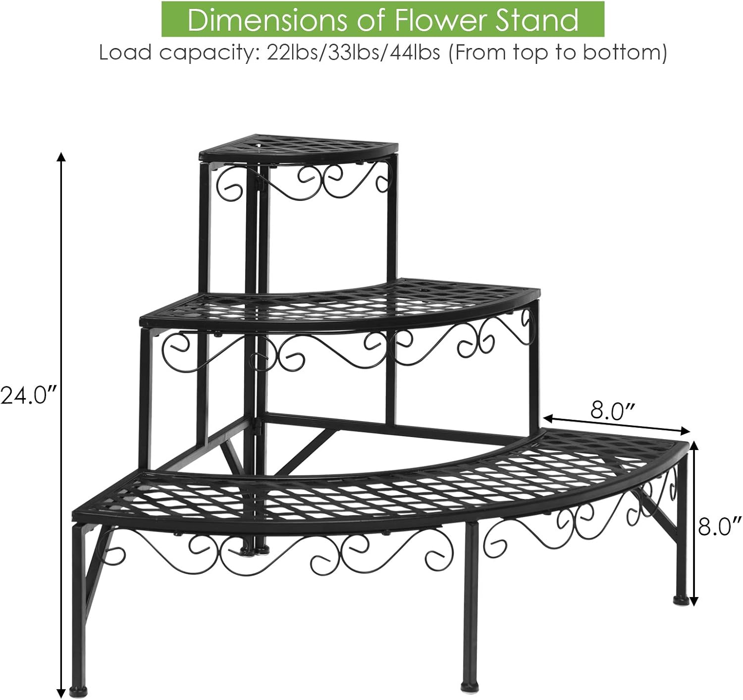 Giantex 3 Tier Metal Corner Plant Stand, Quarter Round Plant Corner Shelf w/ Non-Slip Pads, Corner Plant Stand Corner Shelf Flower Pot Ladder Plant Display Rack Indoor Outdoor (Quarter Round)