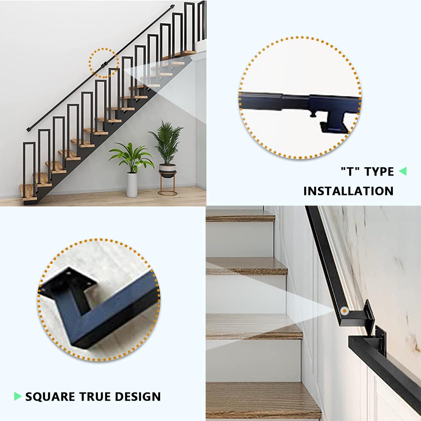 30–600 cm Handlauf für Treppen im Innen- und Außenbereich, Treppengeländer, Handläufe aus Schmiedeeisen, Sicherheitshaltegriff mit Wandhalterungen und Metallschrauben (schwarz, 2 F