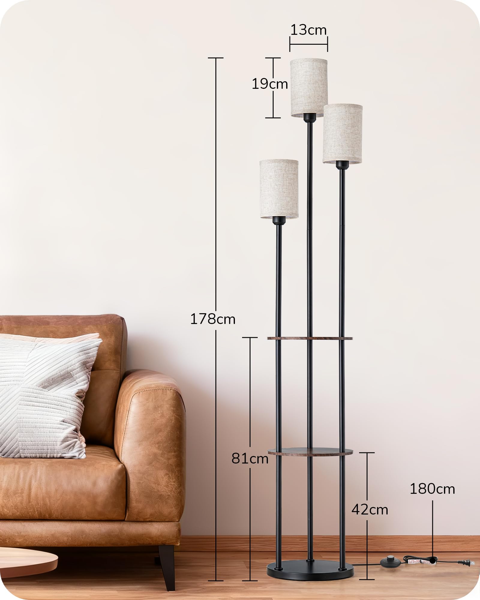 EDISHINE Lampadaire sur Pied pour Salon, Lampe sur Pied LED 3-Flamme avec Étagère et Abat-Jour en Lin, Douille E27, Ampoules Incluses, Lampe Moderne pour Chambre et Bureau, 178 cm