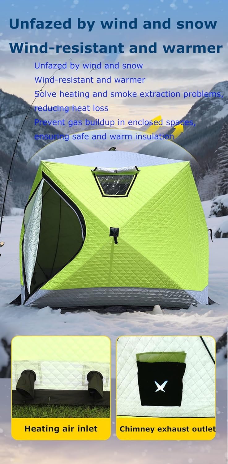 Ice Fishing Shelter, Foldable, Portable, Windproof, Waterproof, Pop-Up Hub Style House with Insulated Layer, Keep Warm in The Cold, Easy to Carry, Humanization Design