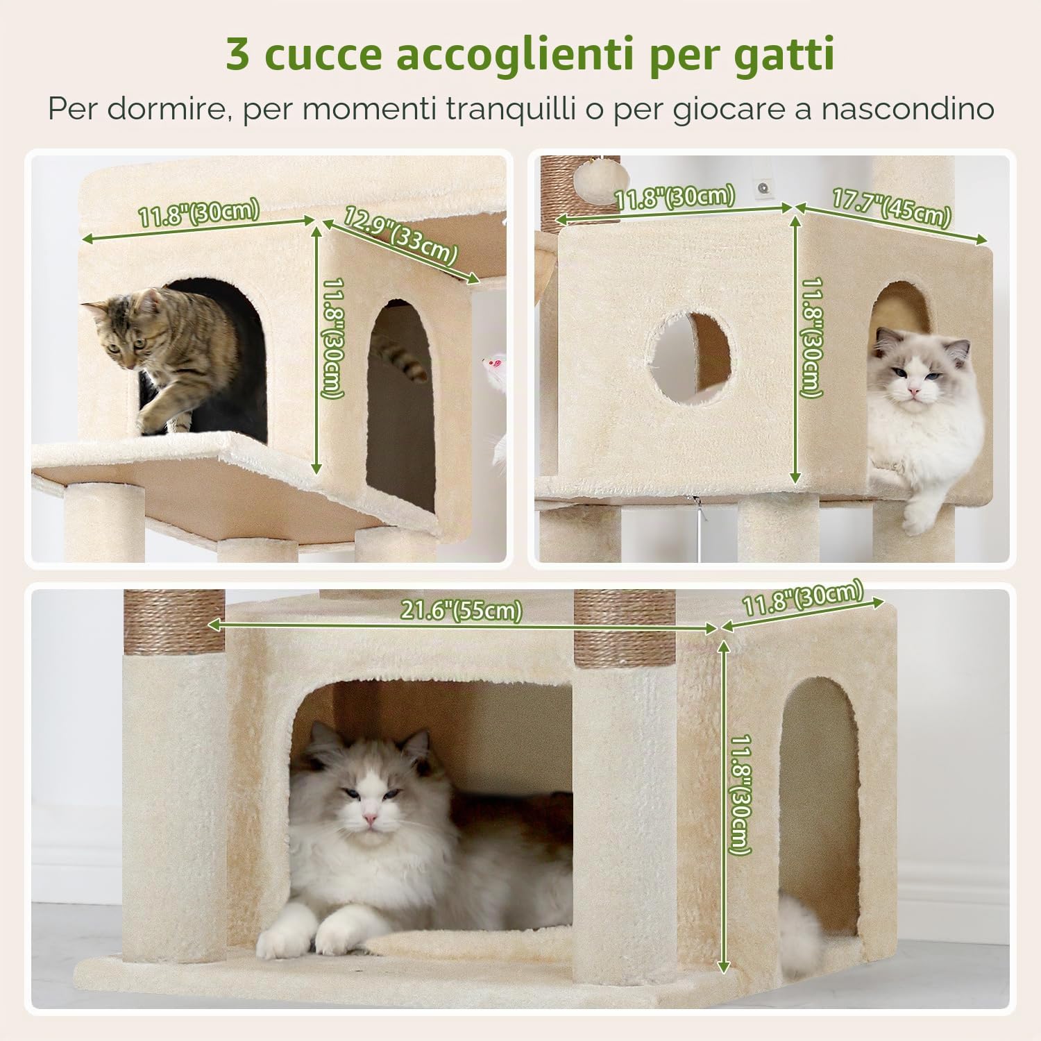 Globlazer Tiragraffi Beige XXL Alto 204 cm con 3 Grotte, 2 Grande Trespoli, 3 Morbido Cestini, Torre del Gatto Stabile per 3-5 Grandi Gatti Adulti Gatto Giocare Graffiare Interno (F80F, Beige)