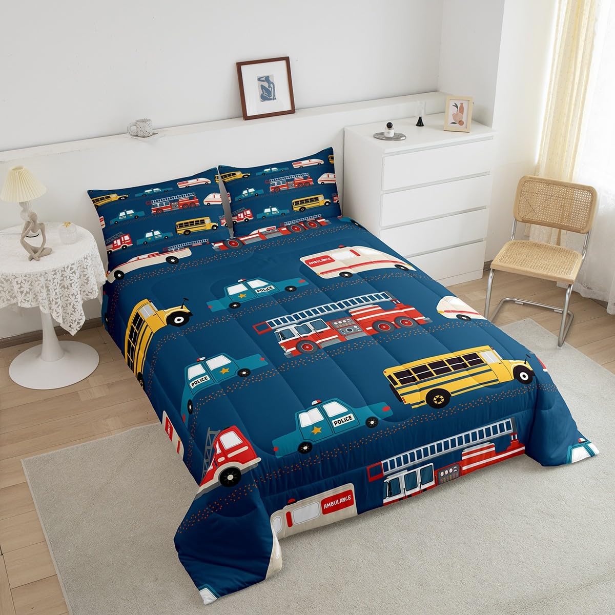 Feelyou Fire Truck Blue Comforter Set,Police Car Down Comforter Twin Size,School Bus Bedding Set for Kids Boys Teens Youth,Equipped Truck Cartoon Vehicle Quilt Duvet Insert Bedroom Dorm Decor 2 Pcs