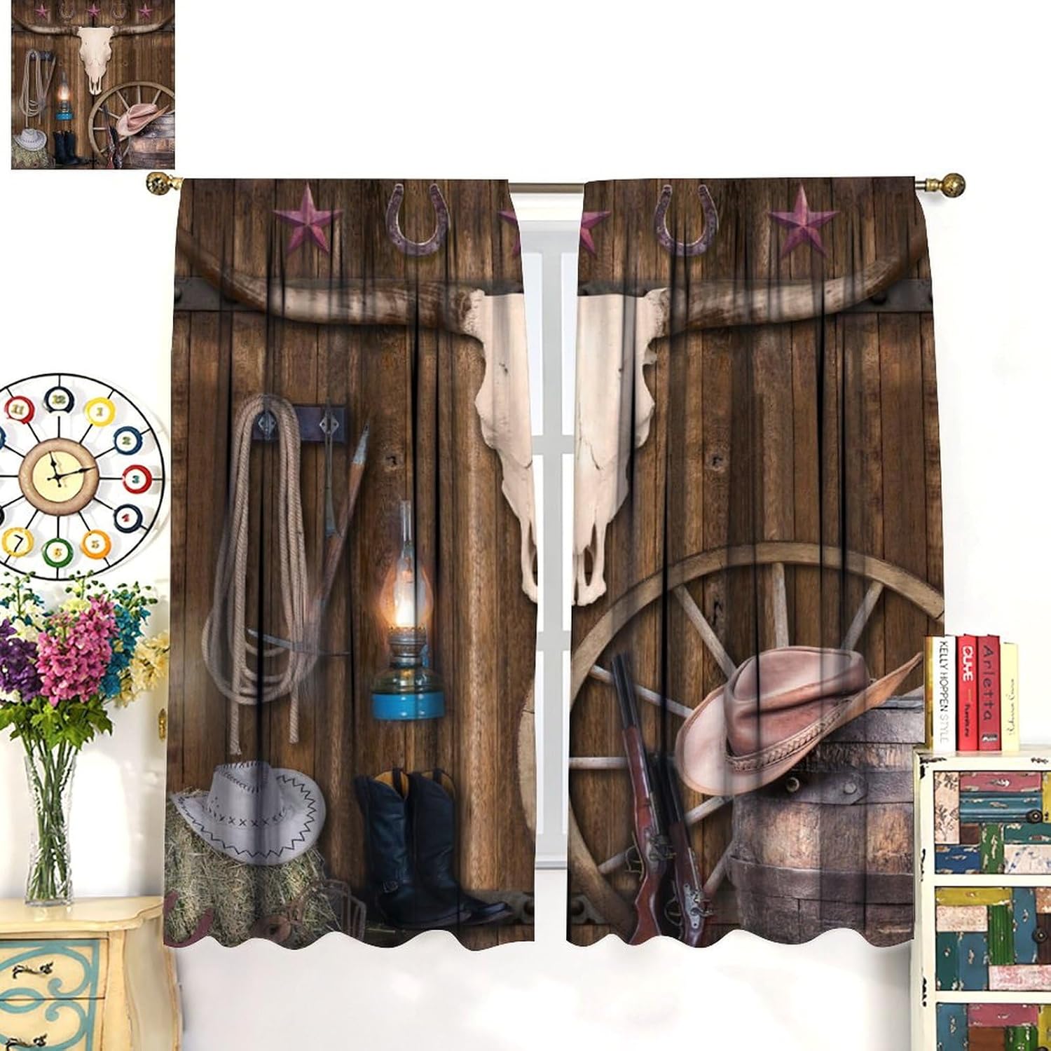 Brebasf Retro Western Cow Skull Curtains for Living Room Rustic Country Wooden Board Cowboy Boots Wheel Texas Star Print Thermal Insulated Rod Pocket Blackout Curtains/Drapes 2 Panels 72" L x 31.5" W