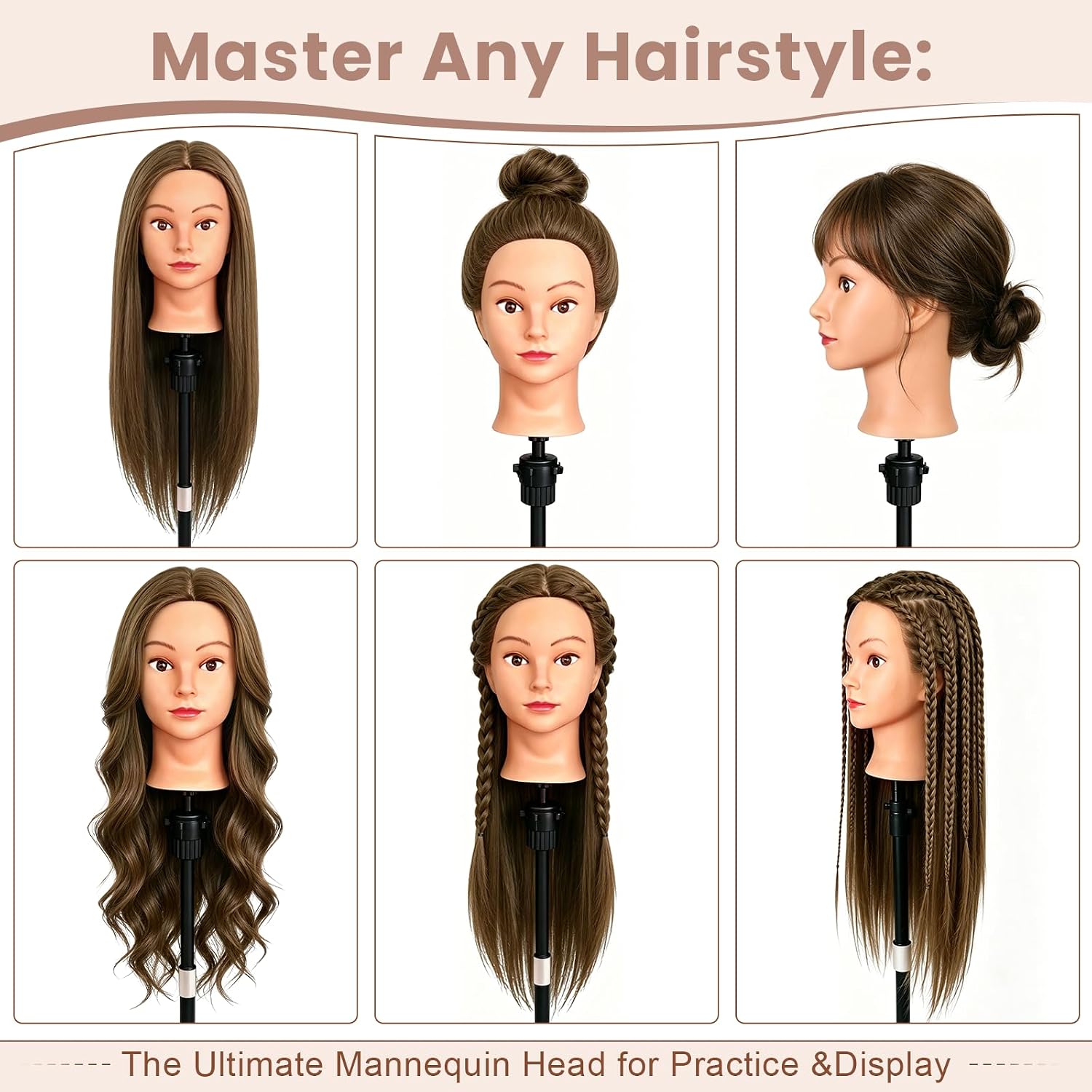Beauty Star 80% Human Hair Mannequin Head, 26" Real Hair Training Doll for Cosmetology Hairdressing Practice, with Clamp Holder & Styling Tools