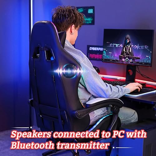 Miniatura 7 de Geepro - Silla de juegos con altavoces Bluetooth y luces LED RGB ergonómicas para computadora con masaje y reposapiés, respaldo alto, silla de