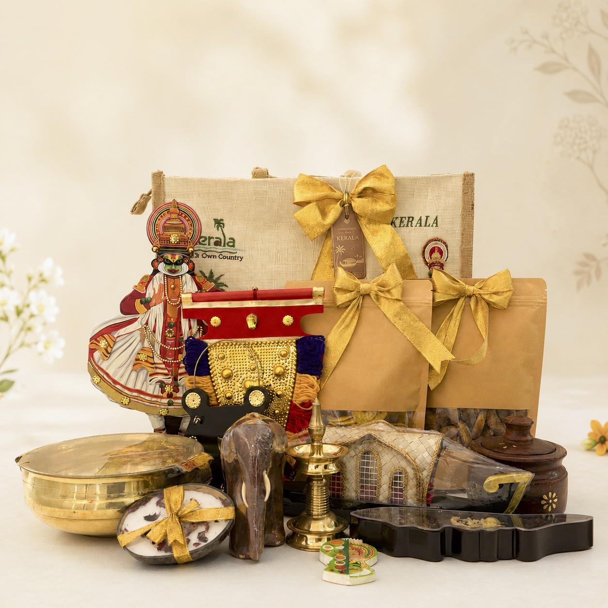 Angroos Onam Jute Bag Gift Hamper | Kerala Gift Bag with Brass Nilavilakku, Brass Uruli, Kathakali Showpiece, Banana Chips & Traditional Souvenirs | Onam Gift for Corporate & Family-image-47