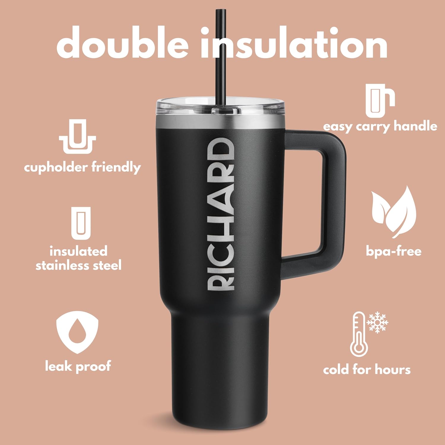 Be Burgundy Personalized 40 Oz Tumbler with Handle & Straw, Engraved Name Stainless Steel Travel Mug, Insulated Coffee Cup Gift for Men & Women - Black - Image 4