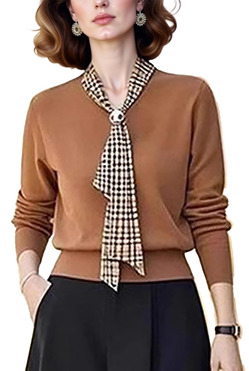 LAI MENG FIVE CATS Womens Elegant Tie V-Neck Sweater Long Sleeve Soft Knit Solid Color Pullover Tops