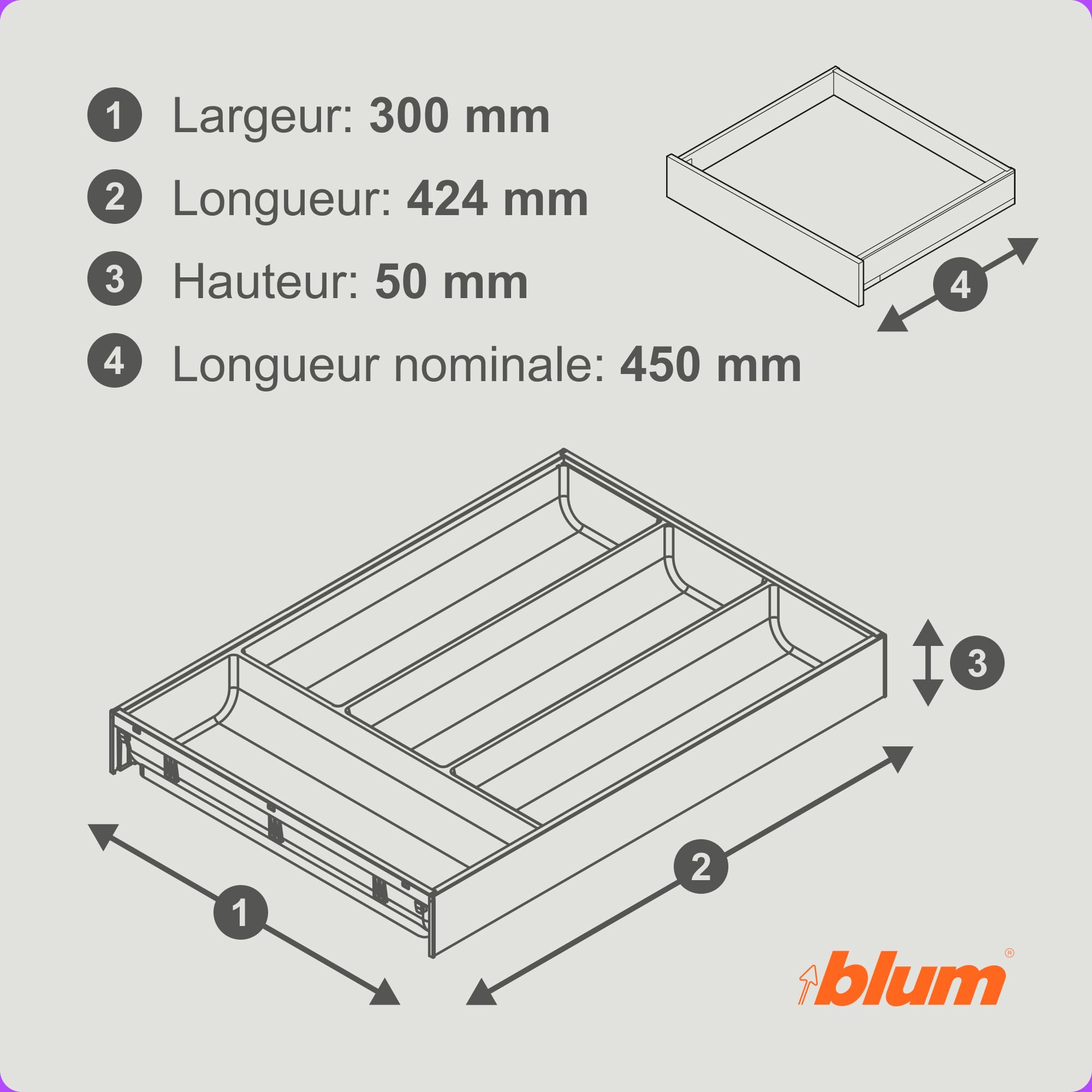 Blum AMBIA-LINE range-couverts Soft-Touch | organiseur de tiroir premium pour tiroir et meuble de cuisine modernes | protège, trie et range couverts et ustensiles | 42×30×5 cm | Gris/Blanc
