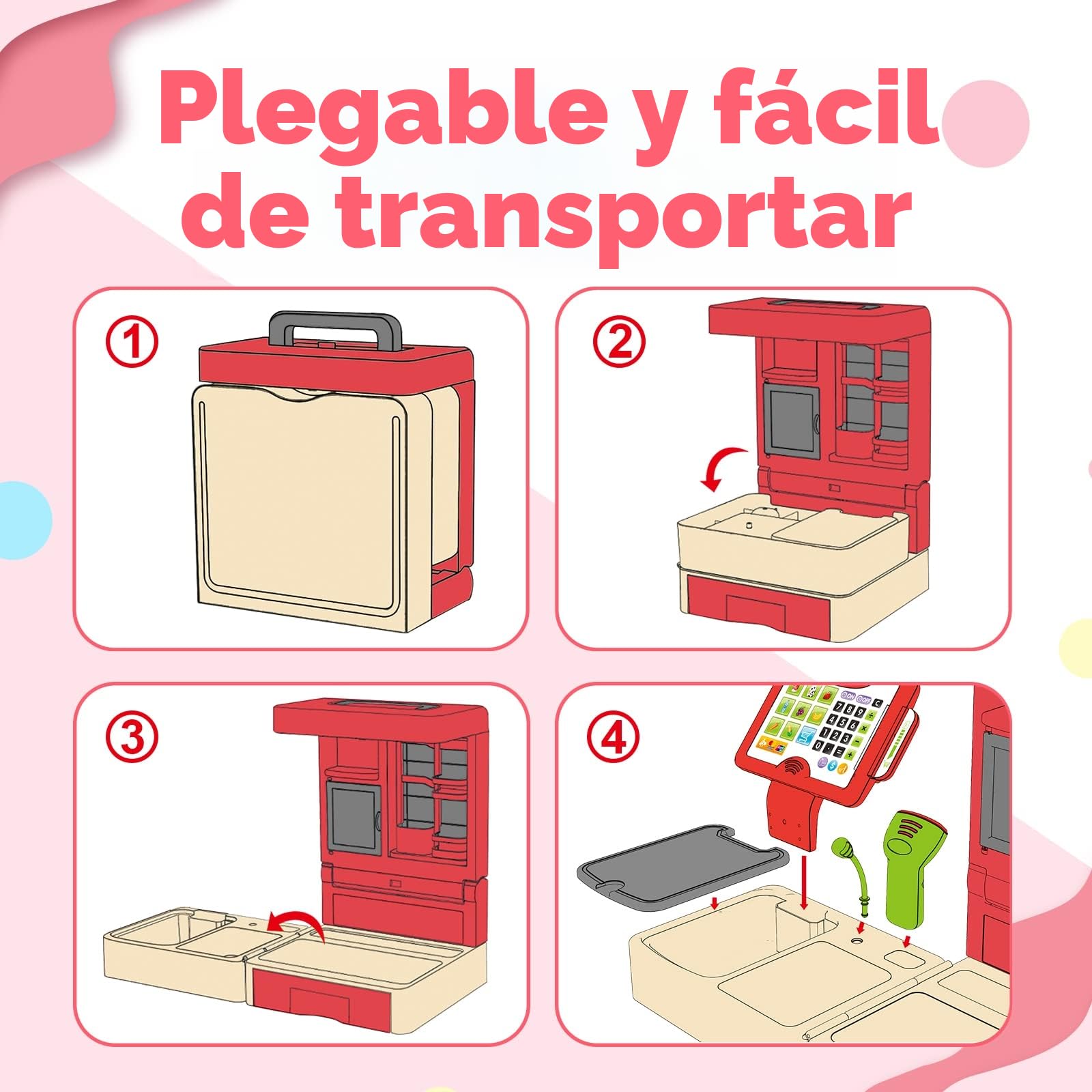 RedCrab Caja Registradora Juguetes, Supermercado Caja Registradora Niños con Función de Calculadora, Escáner y Comestibles, Plegable Caja Registradora de Juguete Set para Niños 3+ Años (Rojo)