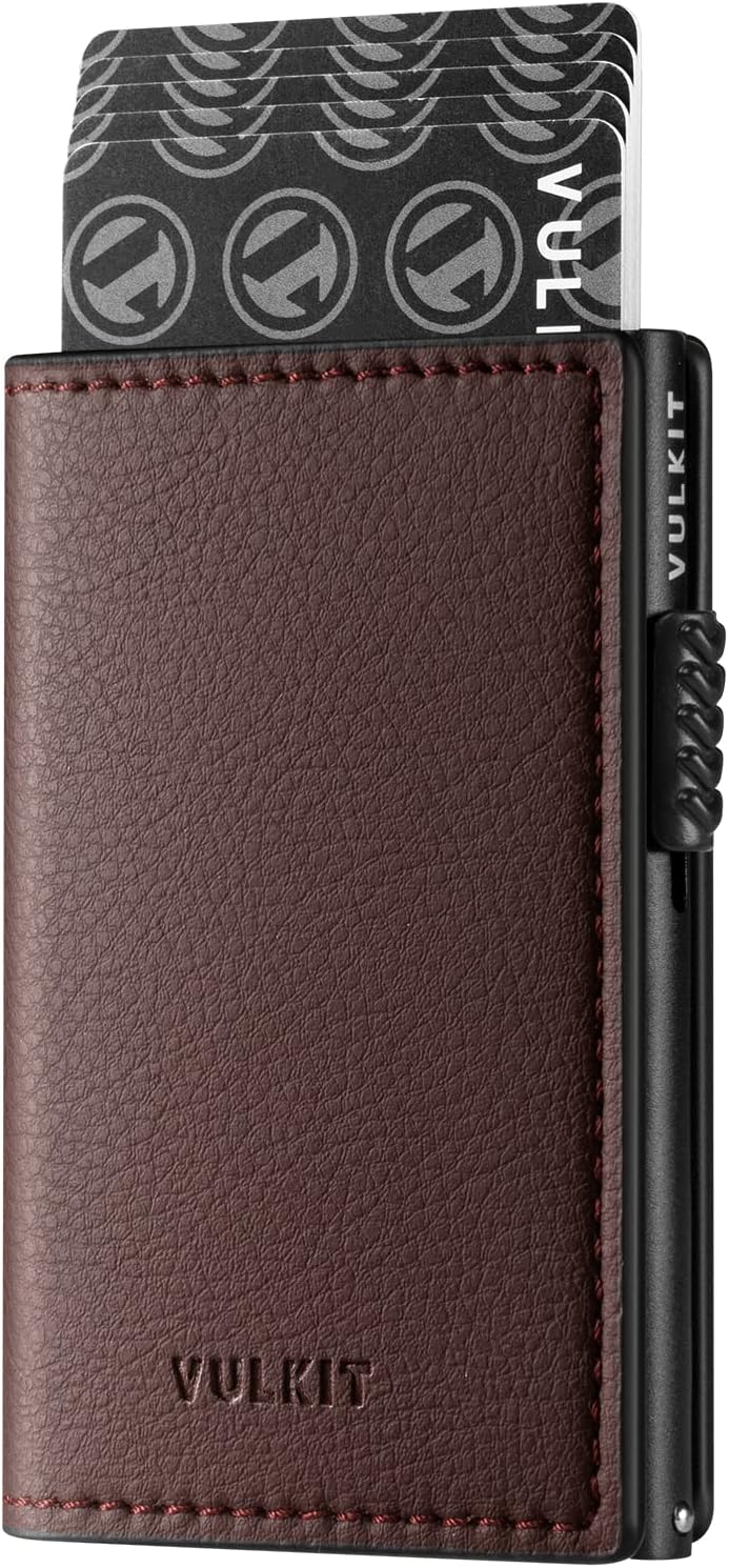 VULKIT Minimalist Leather Wallet - Pop Up Cards RFID Protection, Holds 10 Cards, Litchi Dark Brown