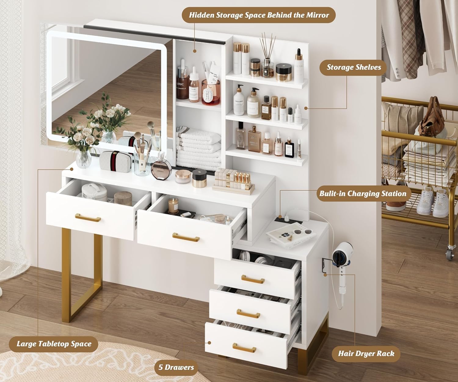 GarveeHome Makeup Vanity Desk with Sliding Mirror and Lights, Large Dressing Table with Charging Station, 3 Lighting Modes, 5 Large Drawers and 3 Tiers of Open Shelves, for Bedroom, White & Gold