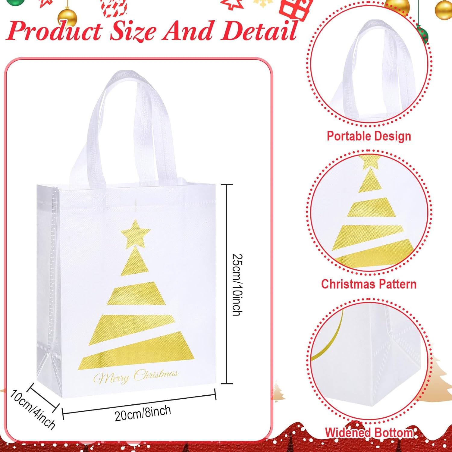 Wesnoy 24 Pcs Christmas Gift Bags Bulk 10 x 8 x 4 Inch Christmas White Gold Non Woven Party Favors Goodies Candy Bags with Handles for Holiday Gift Birthday Party Supplies - Image 3