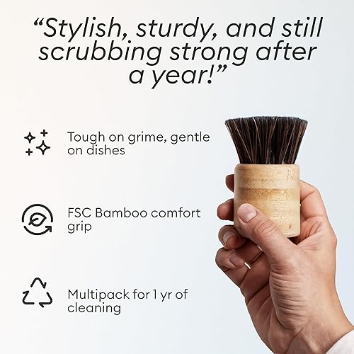 Miniatura 7 de Cepillo de bambú prémium para fregar  Paquete de 3  Resistente a la suciedad, suave con la tierra  Limpieza de cocina y multiusos  Fibra natural