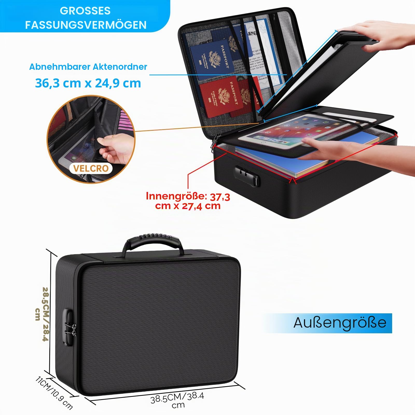 Tamfile 5200℉ Feuerfeste Dokumentenbox, Dokumententasche mit 13 Taschen | Wasserfeste, Akkordeonordner, Dokumenten-Organizer, Tragbare, Aktenaufbewahrungsbox, Fächermappe, Schloss, Etiketten, Schwarz