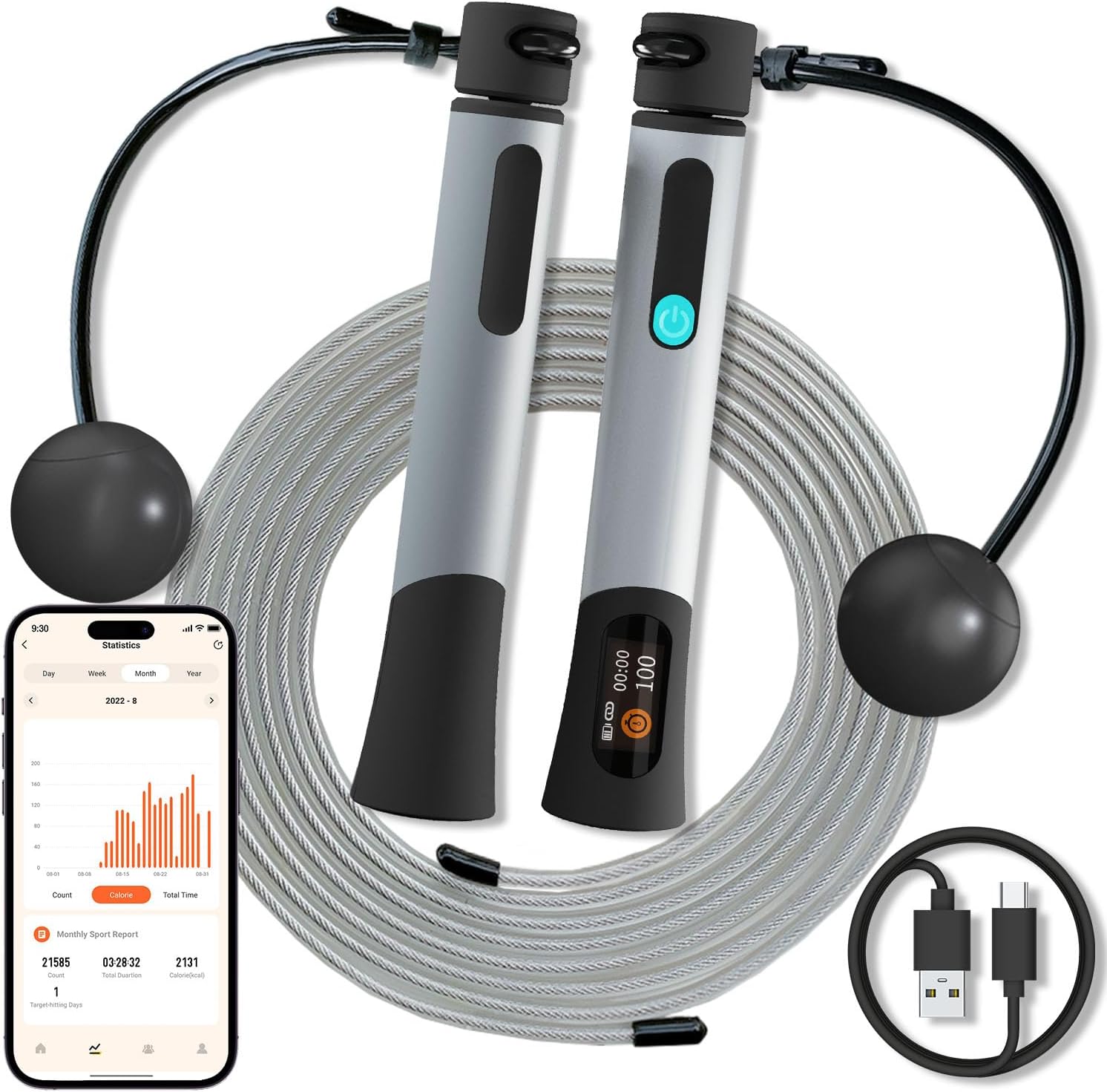 Cordless Jump Rope with APP, Weighted Jump Rope with Counter, Smart Jump Rope for Fitness, Gym, Burn Calorie, Workout for Men Women Kids, Color Screen, Rechargeable