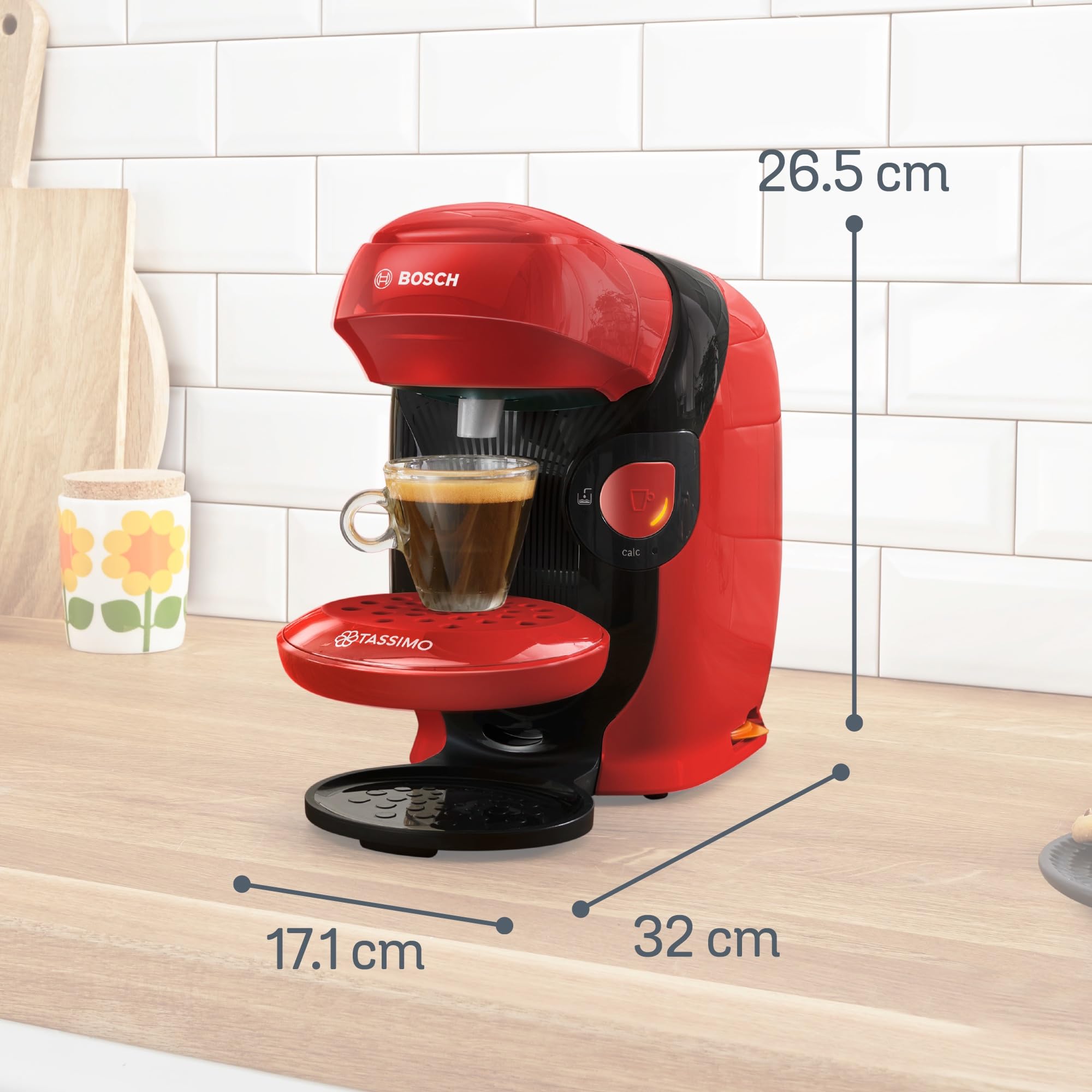 Bosch - Cafetera Tassimo Style Friendly, Hasta 70 bebidas, OneTouch, INTELLIBREW™, Rojo, TAS113E